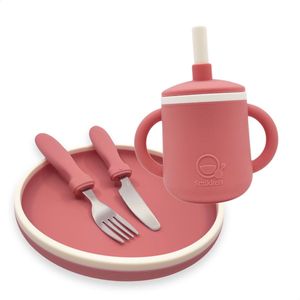 Smikkels - Siliconen Eetset - Bordje, mes, vork en drinkbeker met oren - Roze - kinderservies - kinderbordje - kinderbestek - duurzaam - bestek - servies - kind - kleuter - peuter