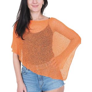 Dames Gehaakte Batwing Poncho in Kanten Stretch, Oranje, One Size