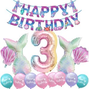 Snoes - Cijfer Folie Ballon - 3 Jaar Ballon - Zeemeermin Mermaid Mega pakket inclusief Slinger - Verjaardag - Meisje - Birthday Girl - Happy Birthday - 3 Jaar