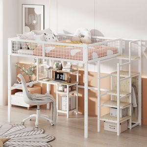 Gutent Kinderbed (Zonder matras), 140 x 200cm, met Veiligheidsladder, Kleerkast met ijzeren planken en computerbureau, Wit (Zonder stoel)