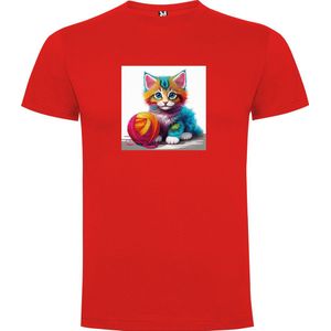 Rood T-Shirt met “ Kleurrijke Kitten met bol wol“ Print Full Color maat 104 / 3/4 jaar