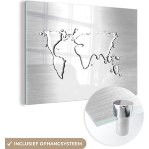 MuchoWow® Glasschilderij 60x40 cm - Schilderij acrylglas - Wereldkaart van druppels - zwart wit - Foto op glas - Schilderijen