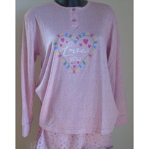 Dames Pyjama - Katoen - Zomer - lange broek - lange mouwen - love you - Maat 3XL - roze/blauw/grijs random