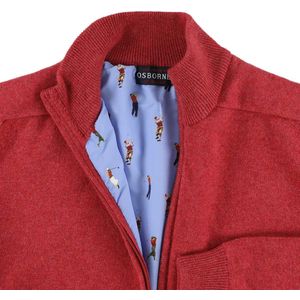 Osborne Knitwear Windstopper cardigan met rits heren – Trui met rits heren in Lamswol - Pullover Heren - Rouge - Voering met golfprint - 2XL