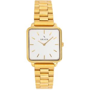 KRAEK Emy Goud Met Witte Wijzerplaat 28 mm | Dames Horloge | Goud stalen horlogebandje | Vierkant | Minimaal Design | Schakelband