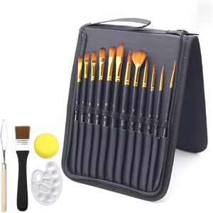 12 Pieces Nylon Hair Paint Brushes with Palette Sponge and Carrying Case for Watercolor Gouache Rock Painting