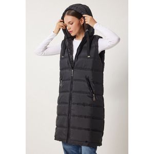 Happinessistanbul Zwart Mouwloos Lang Puffervest Met Capuchon Voor Dames Dd01010