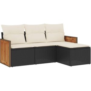 The Living Store 4-delige Loungeset met kussens poly rattan zwart - Loungeset - Tuinset - Lounge - Outdoor Furniture - Garden Furniture