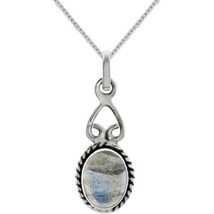 Zilveren ketting dames met hanger | Zilveren ketting, ovale labradoriet steen met sierlijk omgekeerd hart