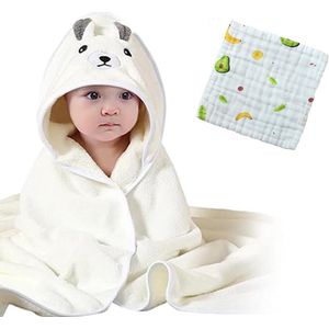 Extra zachte ademende babybadhanddoek met capuchon en gezichtshanddoek voor kinderen - Wit