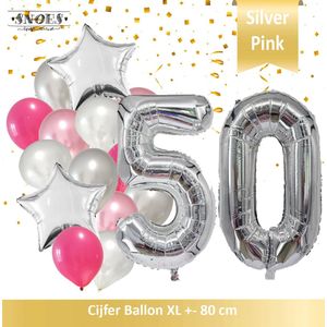 Cijfer Ballon 50 Jaar Zilver Roze White Pearl Boeket * Hoera 50 Jaar Verjaardag Decoratie Set van 15 Ballonnen * 80 cm Verjaardag Nummer Ballon * Snoes * Verjaardag Versiering * Verjaardag Decoratie * Silver Pink Pearl White* Nummer Ballon 50