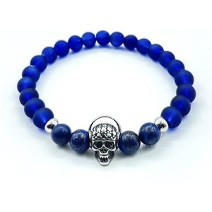 BERRATTI Skull Collection Lapis Lazuli Navy Glass Stone - Kralenarmbanden - Natuurstenen - Heren Armband - Dames Armband - Donker Blauw/Bruin