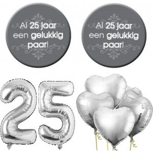 25-jarig jubileum set met buttons en folie ballonnen zilver - jubileum - zilver - 25 - huwelijk - bruidspaar - button - ballon