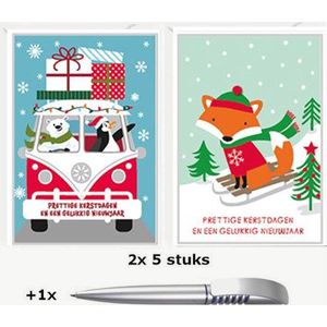 Pakje 10 Luxe Kerstkaarten met Enveloppen - Set van 2x5 stuks - Inclusief 1 luxe blauwschrijvende Pen - Gratis Verzonden