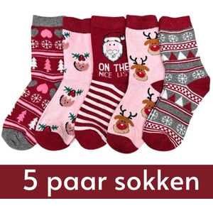 Kerstsokken Set 'Yrsa' Dames/Meiden - 5 paar - maat 36-41 - Kerst Warme Sokken met Rendieren, Kerstman, Sneeuwvlokken etc. - Rood/Roze/Wit