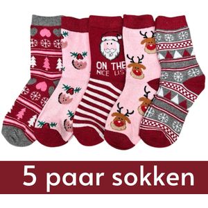 Kerstsokken Set Dames - 5 paar - maat 36-41 - Kerst Warme Sokken met Rendieren, Kerstman, Sneeuwvlokken etc. - Rood/Roze/Wit
