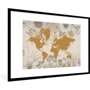 Fotolijst incl. Poster - Wereldkaart - Goud - Bloemen - 120x80 cm - Posterlijst