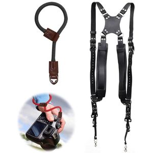 Dubbele schouderriem en armband set voor twee camera's - Leer
