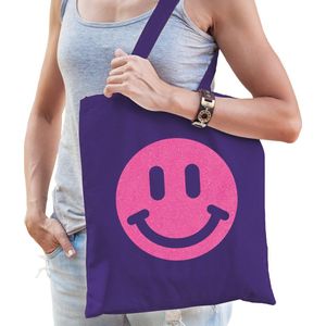 Bellatio Decorations Cadeau tas dames - smiley - paars - katoen - 42 x 38 cm -Moederdag - verjaardag