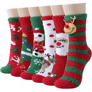 Pluizige sokken voor dames en meisjes warme knusse slippers met handgrepen, 3/5 paar dikke zachte wintersokken voor causale thuis slapen, rood
