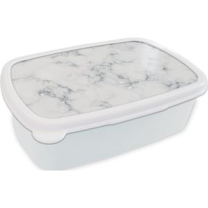 Broodtrommel Wit - Lunchbox - Brooddoos - Marmer - Wit - Zilver - Glitter - Marmerlook - Chique - 18x12x6 cm - Volwassenen