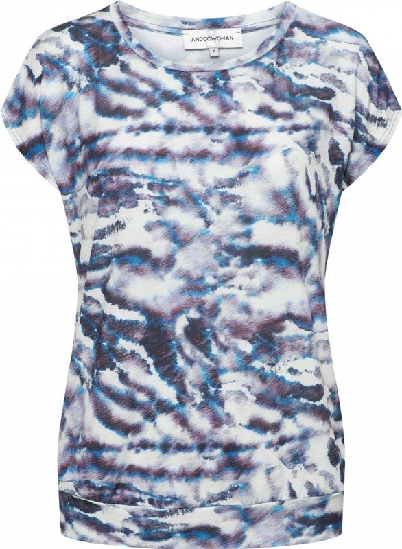 &co woman - T-shirt - Blauw - Korte Mouwen - Ronde Hals - Vrolijke Print