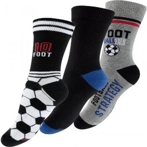 Jongenssokken - voetbalprint - 3-pack - maat 27/30- zwart, wit en blauw - 80% katoen | 15% polyamide | 5% elasthaan