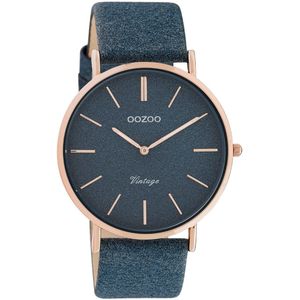 OOZOO Timepieces - Rosé goudkleurige horloge met donker blauwe leren band - C20163