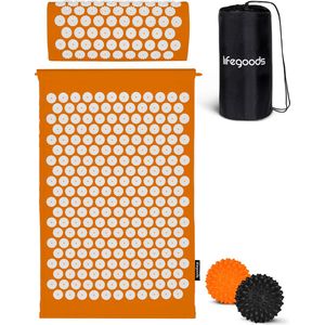 LifeGoods Acupressuur Mat met Kussen - Shakti mat - Spijkermat Incl. 2x Triggerpoint Bal - 66x40x2cm - Oranje/Wit