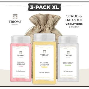 Deluxe Scrub & Badzout - 650 gram - Variations 2 - 3-Pack | Triomf Original - Luxe Wellness - Scrubzout Body Peeling Hammam - Hydraterende Lichaamsscrub - Sea Salt Bodyscrub - Verzorgings Giftset van 3 - Zeezout - Huidverzorging - Douche - Sauna -Bad