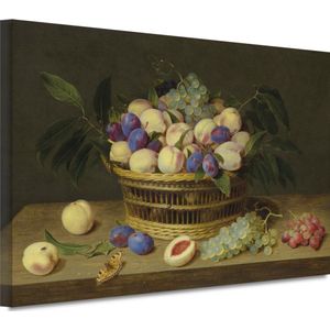 Perziken, pruimen en druiven in een rieten mand, met fruit en een vlinder op een houten tafel - Jacob van Hulsdonck - 90x60 cm