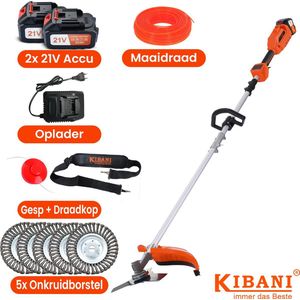 Kibani Accu Bosmaaier - 5x onkruidborstel 15CM - Incl. 2x 21V Accu en Oplader - met Maaidraad, Zaagblad en Draadkop -Elektrische Bosmaaier - Grastrimmer - Kantenmaaier