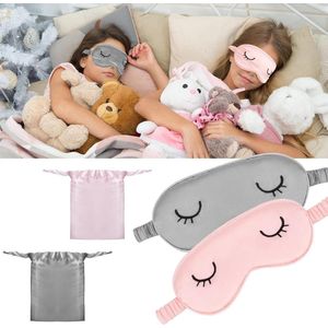 Set van 2 slaapmaskers voor kinderen in grijs en roze met opbergtas - satijnen oogmaskers voor jongens en meisjes, zachte lichtgewicht oogbedekking.