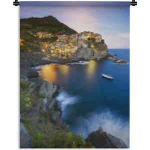 Wandkleed Cinque Terre - Cinque Terre in de avond en verlicht door de gele lampen Wandkleed katoen 60x80 cm - Wandtapijt met foto