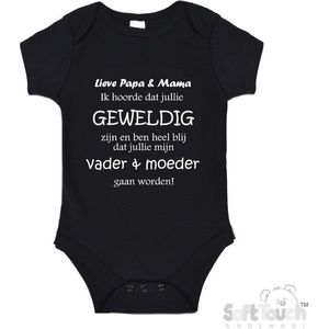 100% katoenen Romper ""Lieve papa & mama ik hoorde dat jullie geweldig zijn en ben heel blij dat jullie mijn vader & moeder gaan worden!"" Unisex Katoen Zwart/wit 56/62