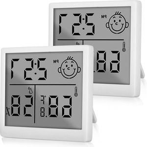 Digitale Thermometer Hygrometer met Klok - Luchtvochtigheidsmeter voor Binnen - Smiley-indicator - Temperatuur voor Babykamer en Woonkamer - Wit