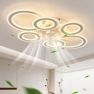 Moderne LED Plafondventilator - 6 Ringen - Dimbaar - Met Afstandsbediening - Crystal Ringen Ventilator - Wit - Chandelier Fan - Zomer/Winter - Woonkamer Lamp - 76 cm