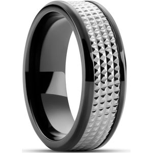 Hyperan | 8 mm Zwarte Titanium Ring met Zilverkleurig Diamantpatroon