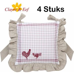 Kussenhoes Voor Stoelkussens - 100 % Katoen - Landelijk - geruit - Kippen & Hanen - Country Side Chicken - Katoen -  40 x 40 cm - 4 Stuks