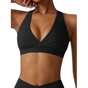 GLOW Sportbeha - Sports Bra - met Verwijderbare pads - Glanzend & Zachte stof - Stevig - Hoge Ondersteuning - met Sexy diepe V-hals - Stijvol & Sexy - Kruisrug - Zwart - Maat S