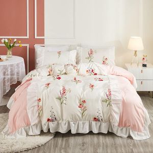 Beddengoed met ruches, 135 x 200 cm, 2-delig, wit, roze, bloemen, omkeerbaar, microvezel, zachte beddengoedset, romantisch dekbedovertrek voor meisjes, dekbedovertrek met ritssluiting en