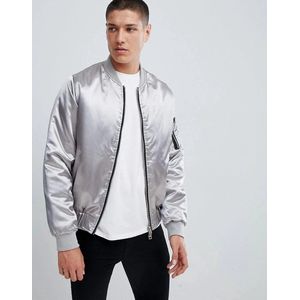 D-Struct Zacht Satin Bomber Lichtgewicht Jack Heren Zilver Maat L
