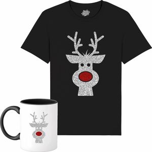 Rendier Buddy - Foute Kersttrui Kerstcadeau - Dames / Heren / Unisex Kleding - Grappige Kerst Outfit - Glitter Look - T-Shirt met mok - Unisex - Zwart - Maat 4XL