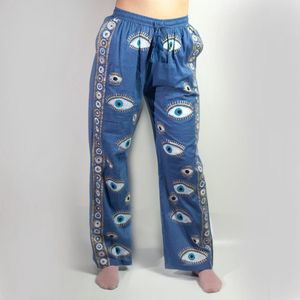 (Maat: L-XL) Nomad Sari On the Med Collection - Loungebroek - Rijkblauw en goudkleurig handgeschilderd boze oogontwerp