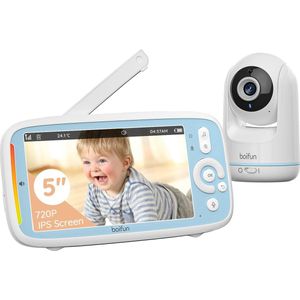 BOIFUN 5 inch babyfoon met camera, babyfoon, camera, 2-weg audio, VOX-modus, PTZ, nachtzicht, Temperatuursensor, Voedingsherinnering, geen wifi