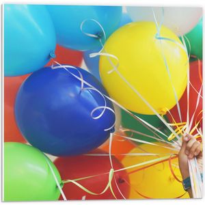 Forex - Gekleurde Ballonnen aan Wit Touw - 50x50cm Foto op Forex