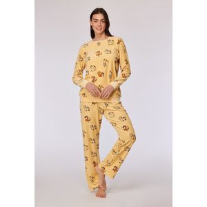 Woody pyjama meisjes/dames velours - geel - katten all-overprint - 252-10-PDV-V/920 - maat XL