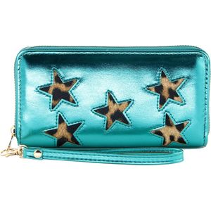 Nouka Shiny Turquoise Dames Portemonnee met Panterprint Sterren – Portefeuille – Clutch - PU Leer – met Ritssluiting – 12 Pasjes – Briefgeld - Muntgeld – Cadeau Voor Vrouwen