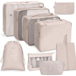 9-delige kofferorganisatorset, verpakkingskubussen, waterdichte reiskledingtassen, koffers voor koffers, verpakkingskubussen met make-uptas, digitale tas, USB-kabeltas (beige)