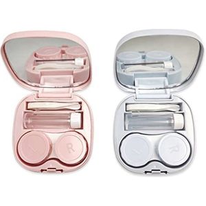 Draagbare Contactlenzen Case - Mini Contactlenshouder met Spiegel voor Reizen en Thuis - 2 Stuks Blauw Roze